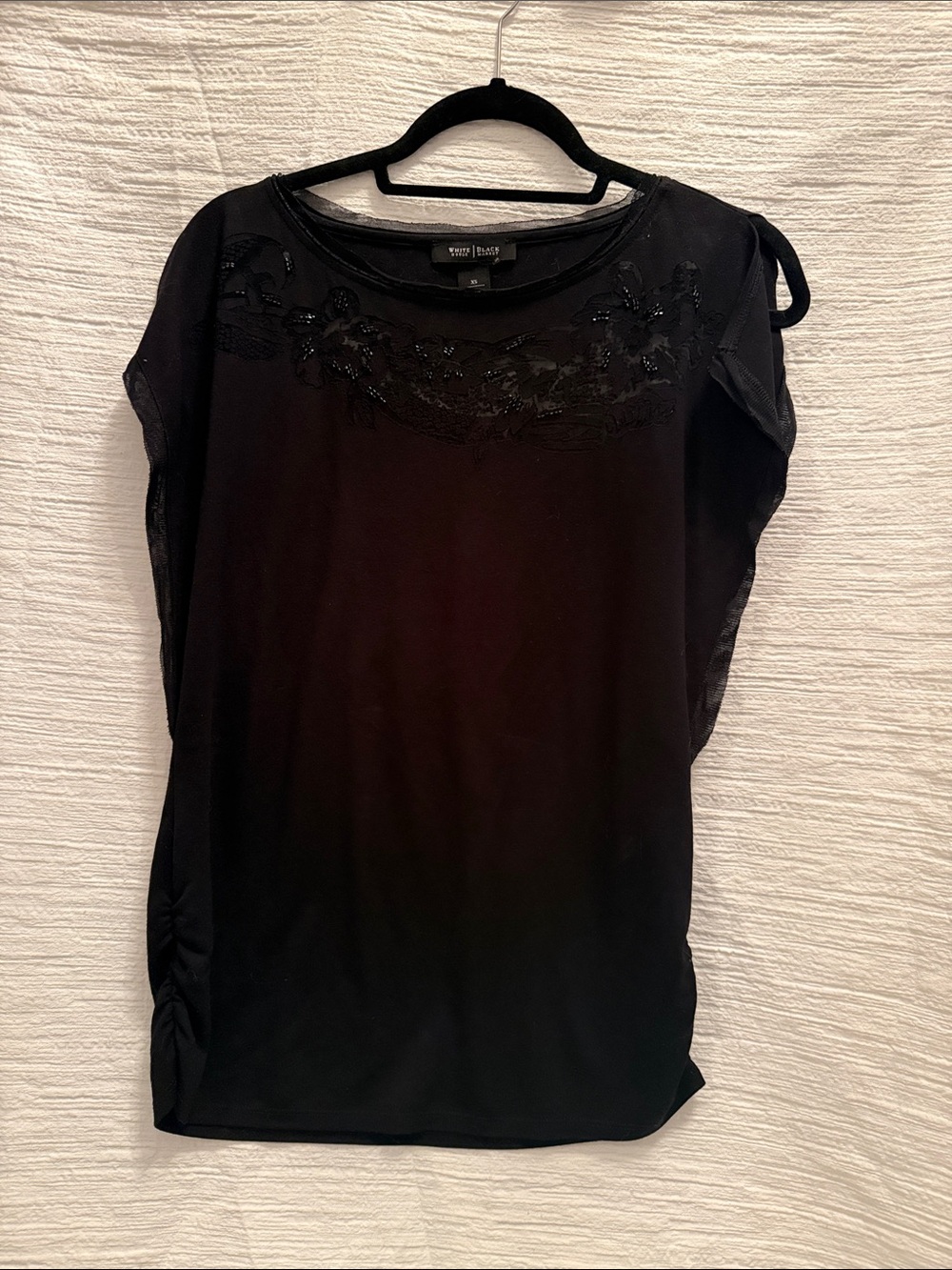 White House Black Market Black Embellished Sheer-Sleeve Top